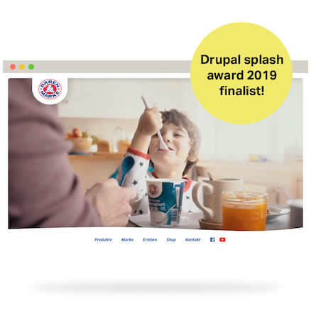 Screenshot der Bärenmarke-Website überlagert von einem Aufkleber mit der Aufschrift 'Drupal splash award 2019 finalist!'