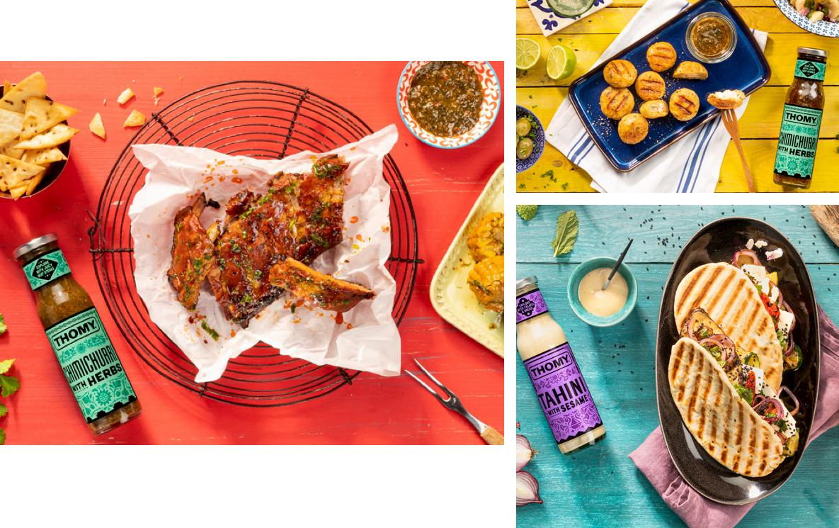 Group of images of food accompanied by THOMY sauces