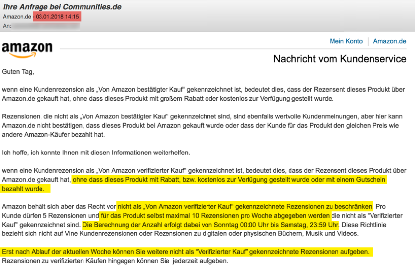 Stellungnahme von Amazon.de zur Limitierung der Rezensionen zu nicht verifizierten Käufen von Produkttestern