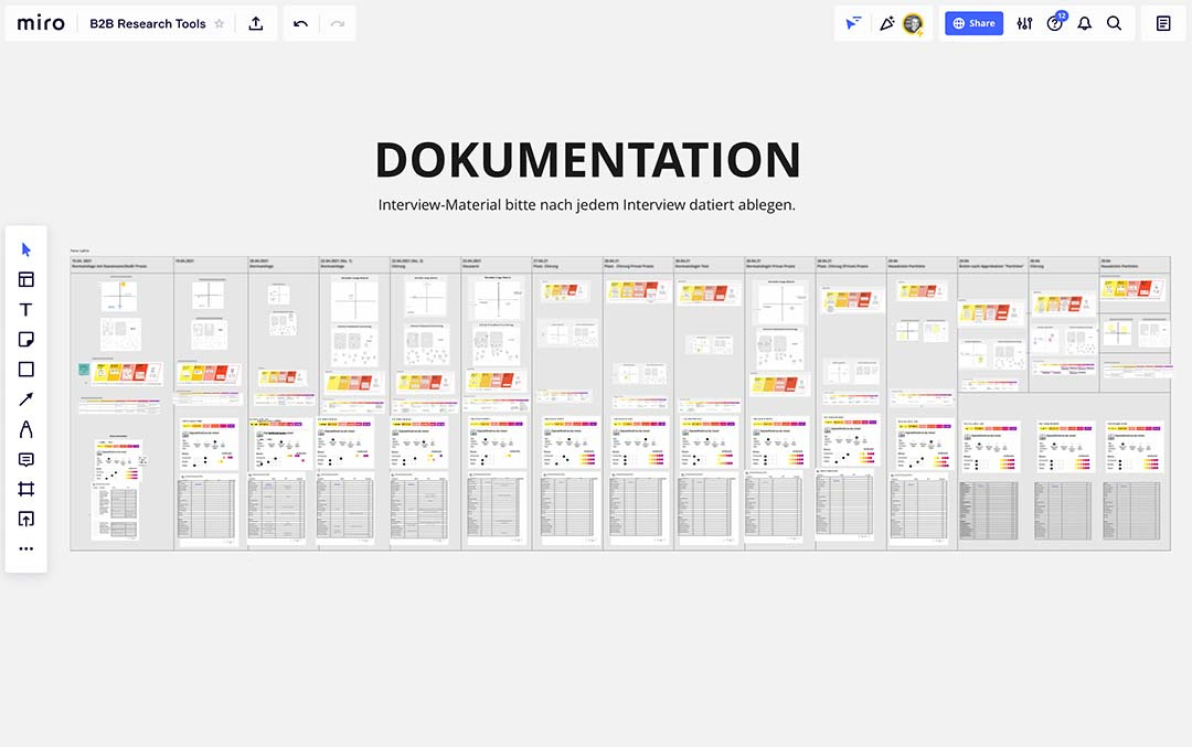 Screenshot of a Miro board titled 'Please file interview material dated after each interview'