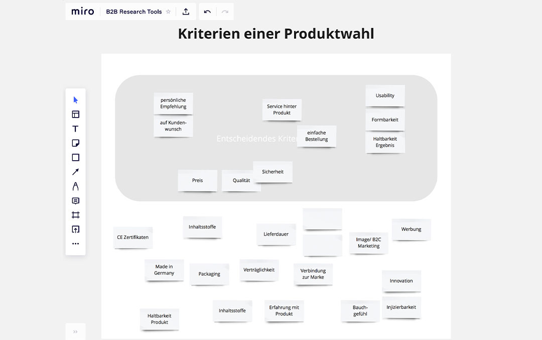 Screenshot of a Miro board titled 'Criteria for product selection'