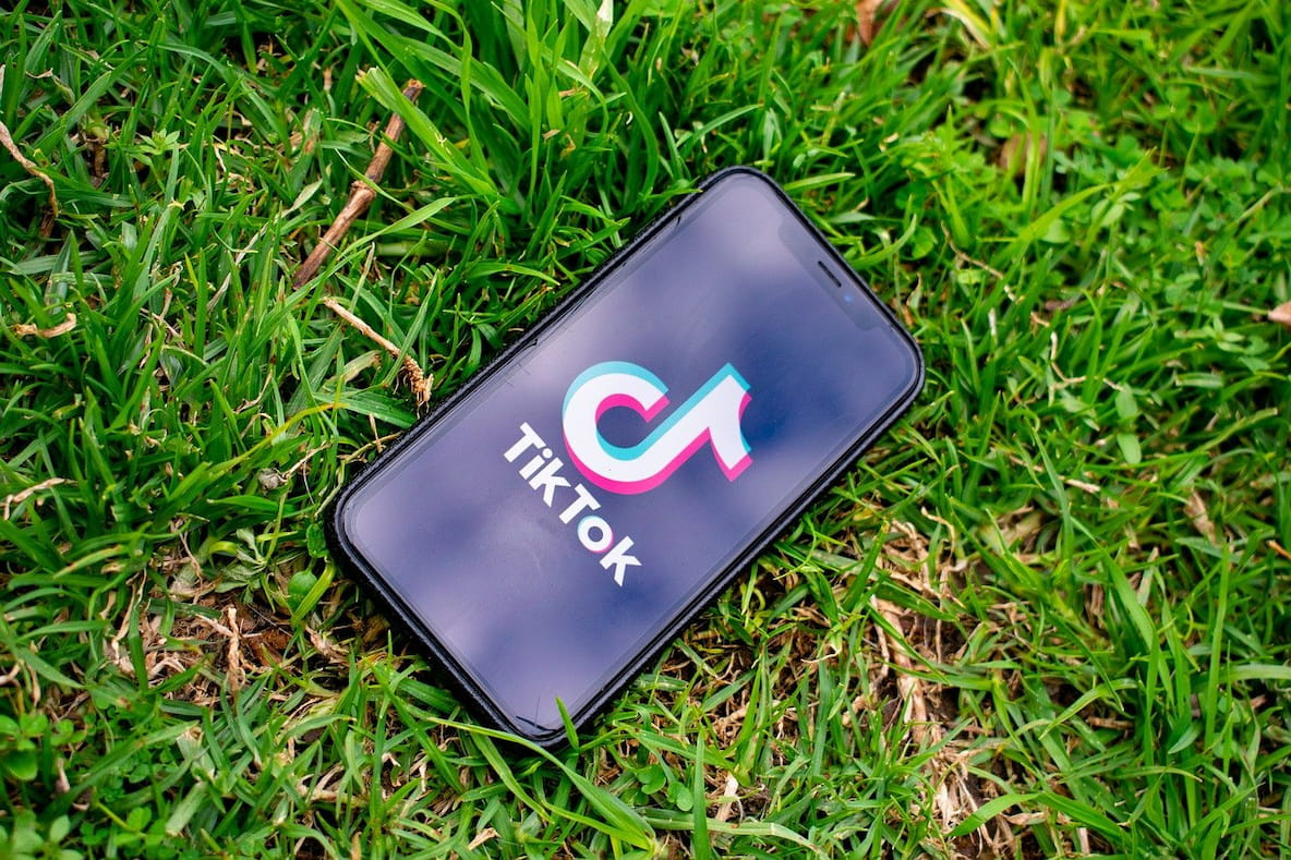 Mobile phone lying on grass while displaying the Tiktok spask screen