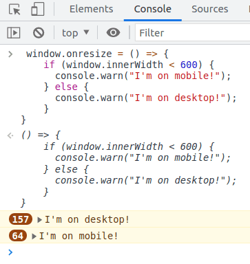 Cose snippet showing how "onresize" can be used to detect when the viewport has crossed a certain breakpoint