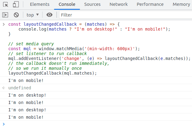 Snippet showing how to use "matchMedia" to more performantly check for changes in the viewport size