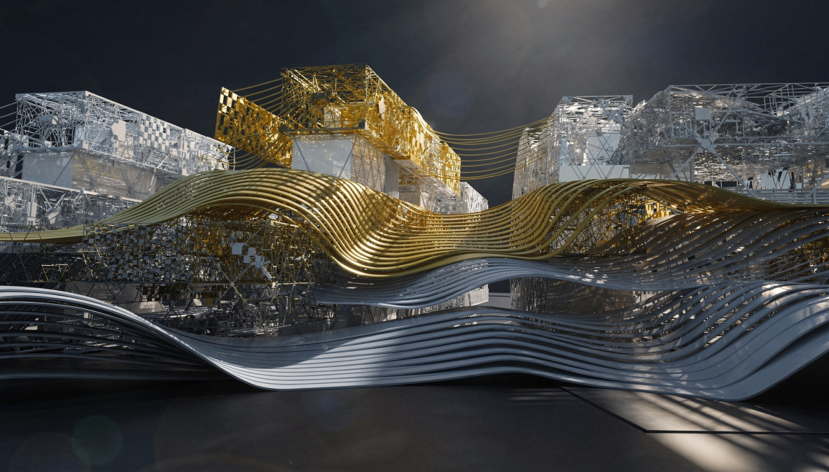 Buildings made of steal in gold and silver