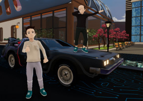 Two metaverse avatars posing for the camera. One of them is dabbing on top of a car