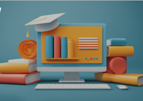 A bubbly animation of a screen with references to e-learning
