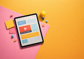 a talblet on a colourful background with apps open that indicate e-learning
